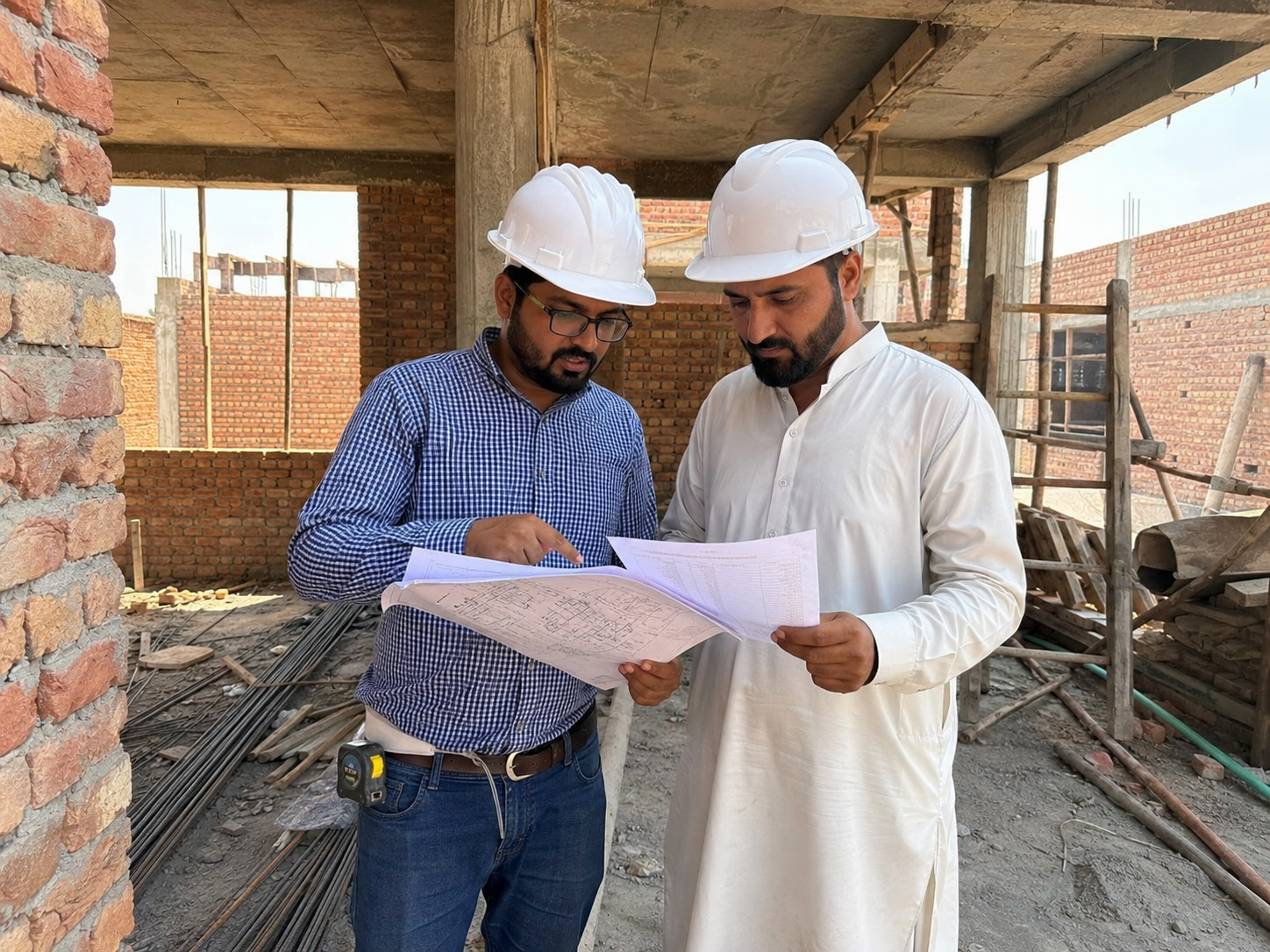 Engineer reviewing 10 Marla house construction plans in Islamabad