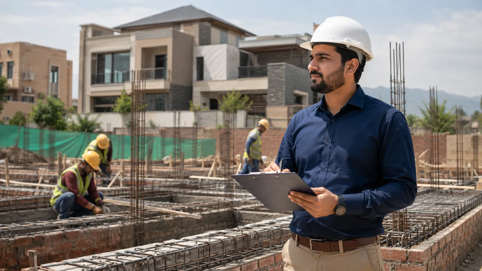Engineer reviewing 10 Marla house construction plans in Islamabad